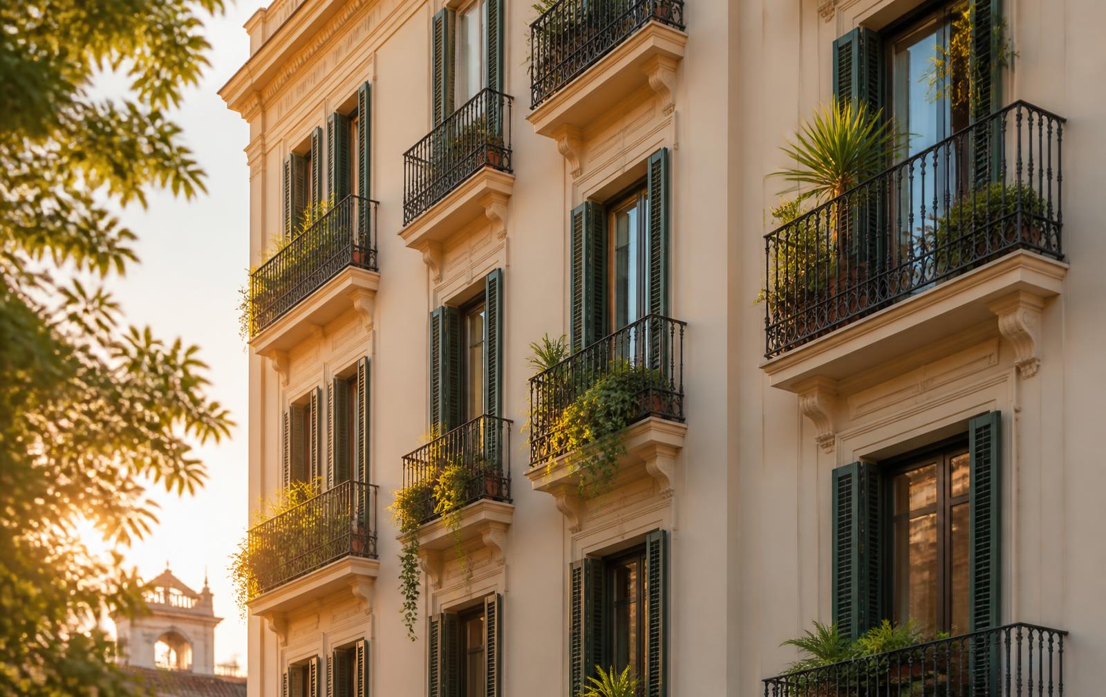 Fachada de edificio residencial en España al atardecer